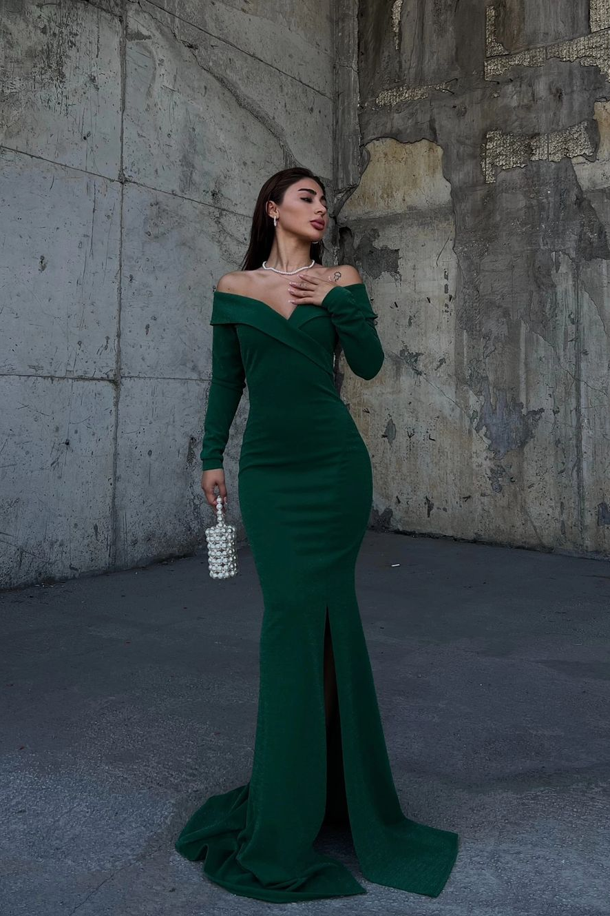Lvs&Broner Off the Shoulder Long Sleeves Split Long Prom Dress With Pleated
