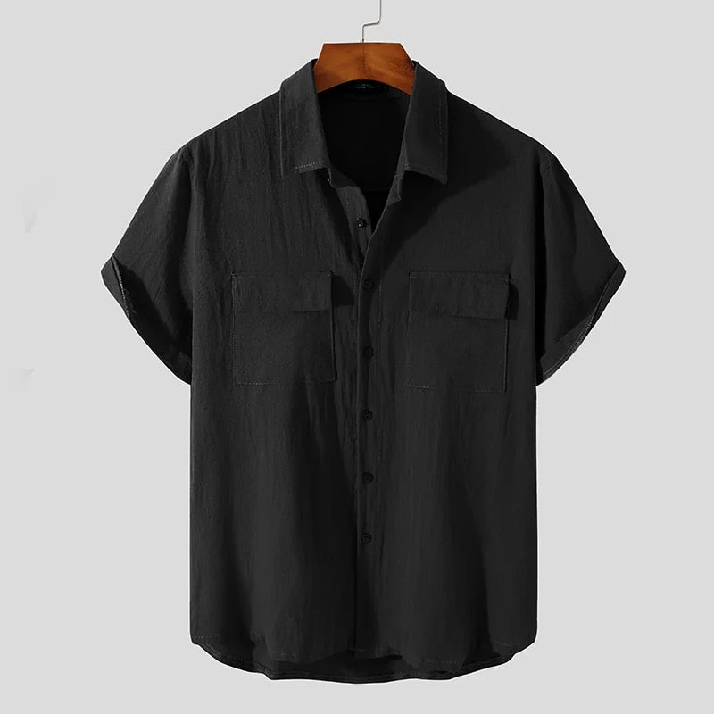 2021 Men Shirt Cotton Solid Color Vintage Lapel Short Sleeve Pockets Camisas Streetwear Casual Mens Clothing Harajuku INCERUN 7