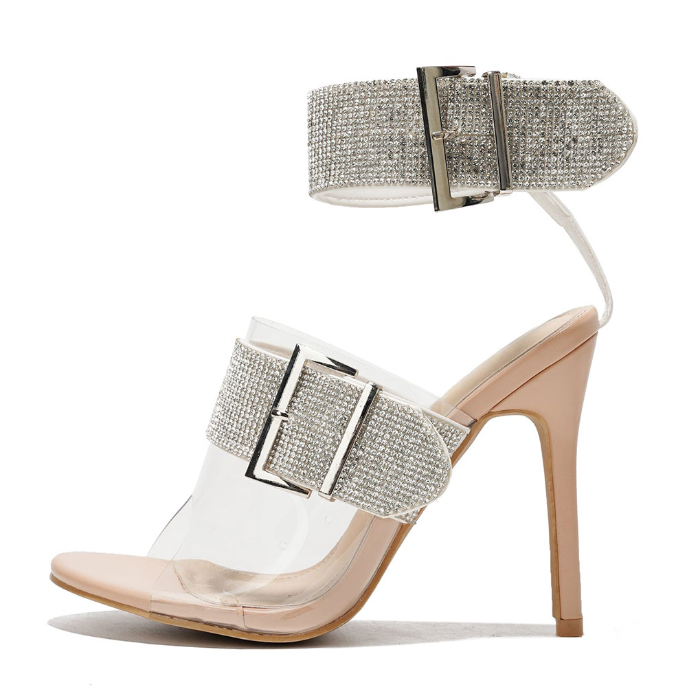 Nude Open Toe Rhinestone Buckle Strap Stiletto Heel Clear Sandals Nicepairs