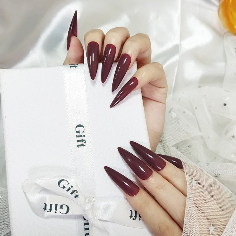 24pcs/Set Extra Long Stiletto Fake Nails Simple Wine Red Full Nail  Decoration Art Tips with Glue Artificial  Press on Nails