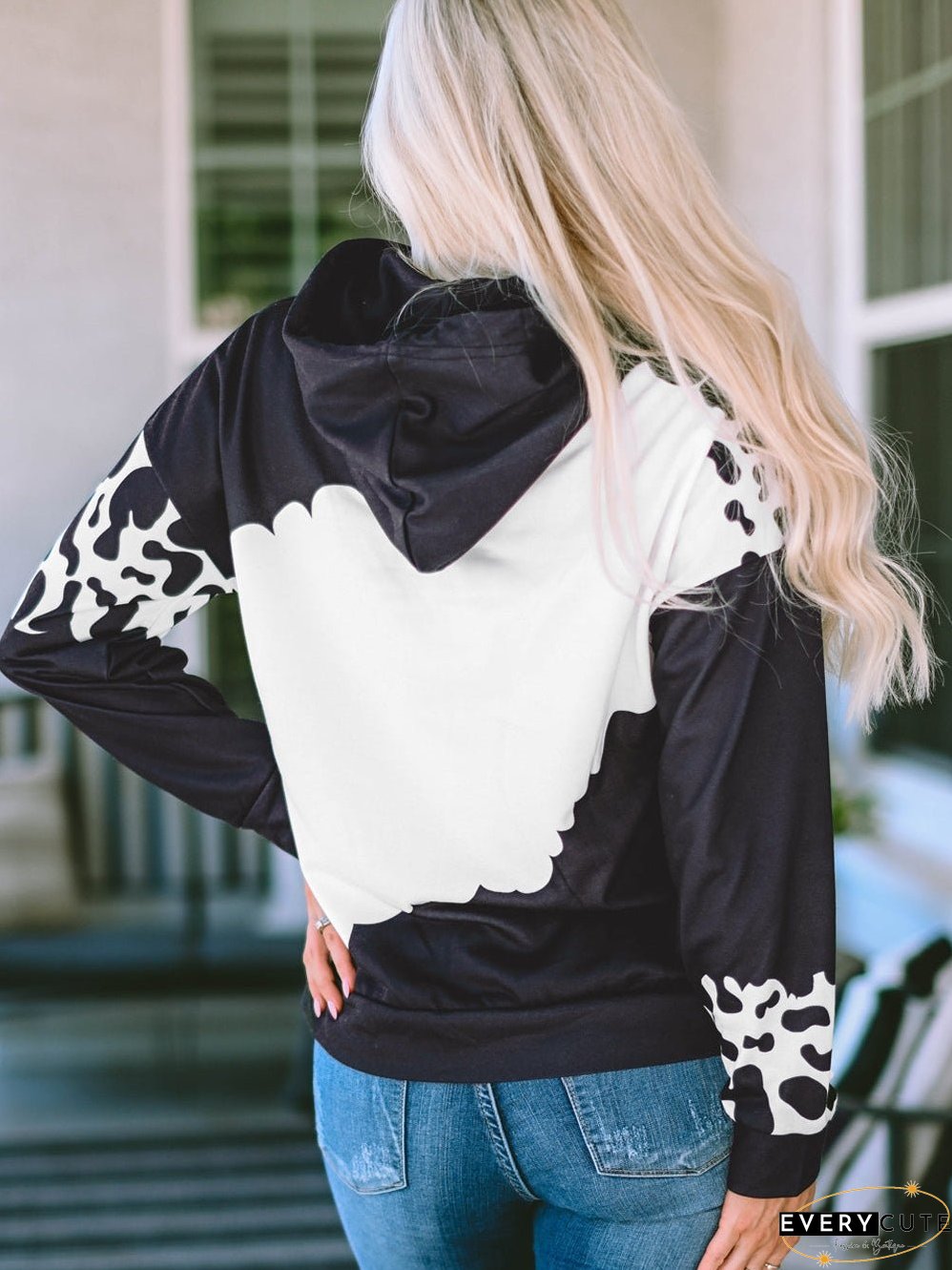 Cow Print Tie Dye Drawstring Hoodie with Pockets