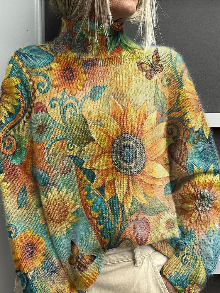 Vintage Flower Art Print Knit Turtleneck Pullover Sweater