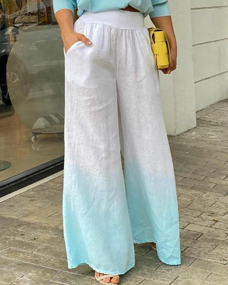 Two-piece set with lapel top & gradient wide-leg pants