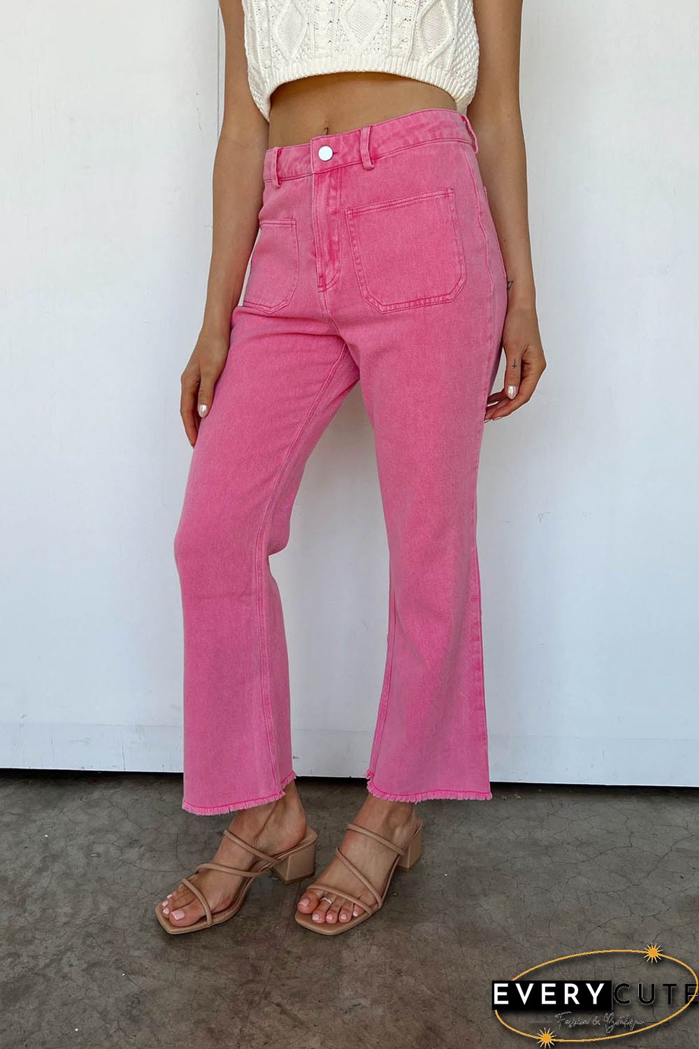 Pink Ankle-length Flare Leg Raw Hem Jeans