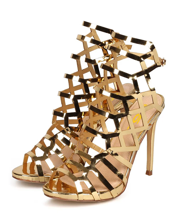 Women's Gold Slingback Heels Hollow out Stiletto Heels Caged Sandals |FSJ Shoes