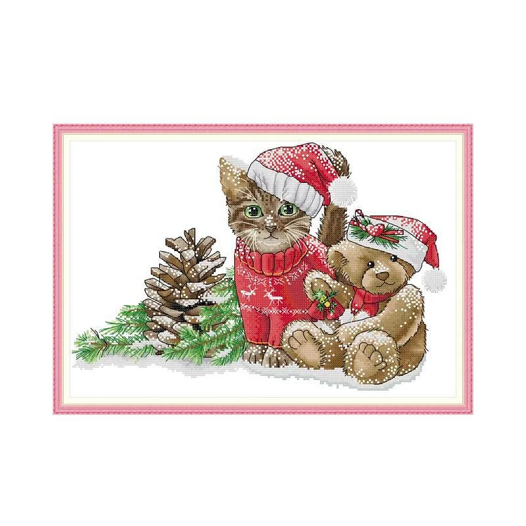 Joy Sunday Christmas Cat And Bear 14CT Stamped Cross Stitch 42*30CM