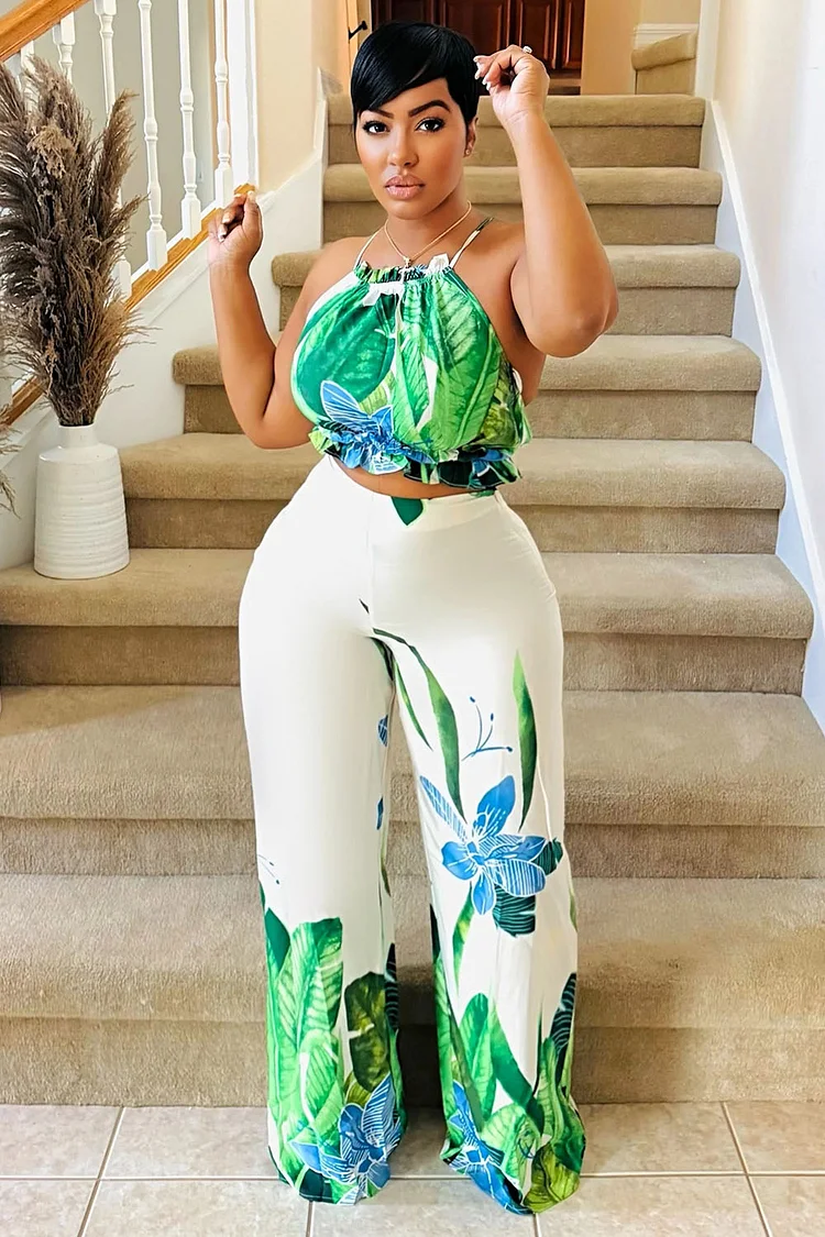 Back Cross Cami Top Pants Floral Print Vacation 2pcs Set-White [Pre Order]