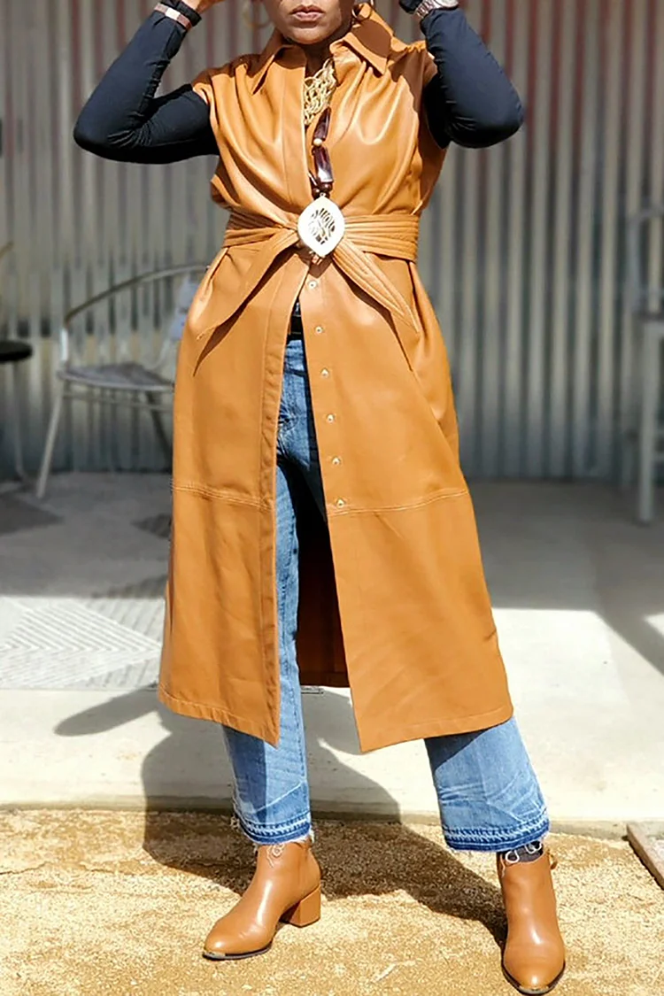 Plus Size Daily Outerwear Elegant Khaki Midi Fall Winter Turndown Collar PU Leather Outerwear With Pocket [Pre-Order]