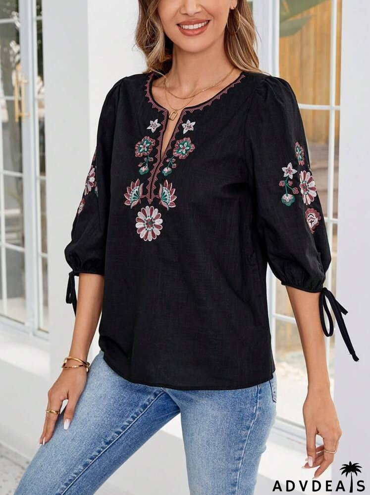 Floral Embroidery Notched Neck Knot Cuff Blouse