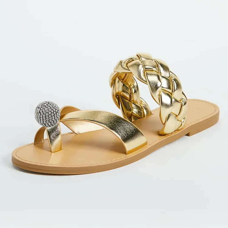 Gold Leather Opened Toe Fit Band Rhinestone Flat Sandal |FSJ Shoes