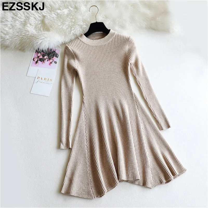 chic Autumn Winter black Sweater Dress Women o-neck Long Sleeve A Line thick Knit mini Dress female girl short bodycon dress