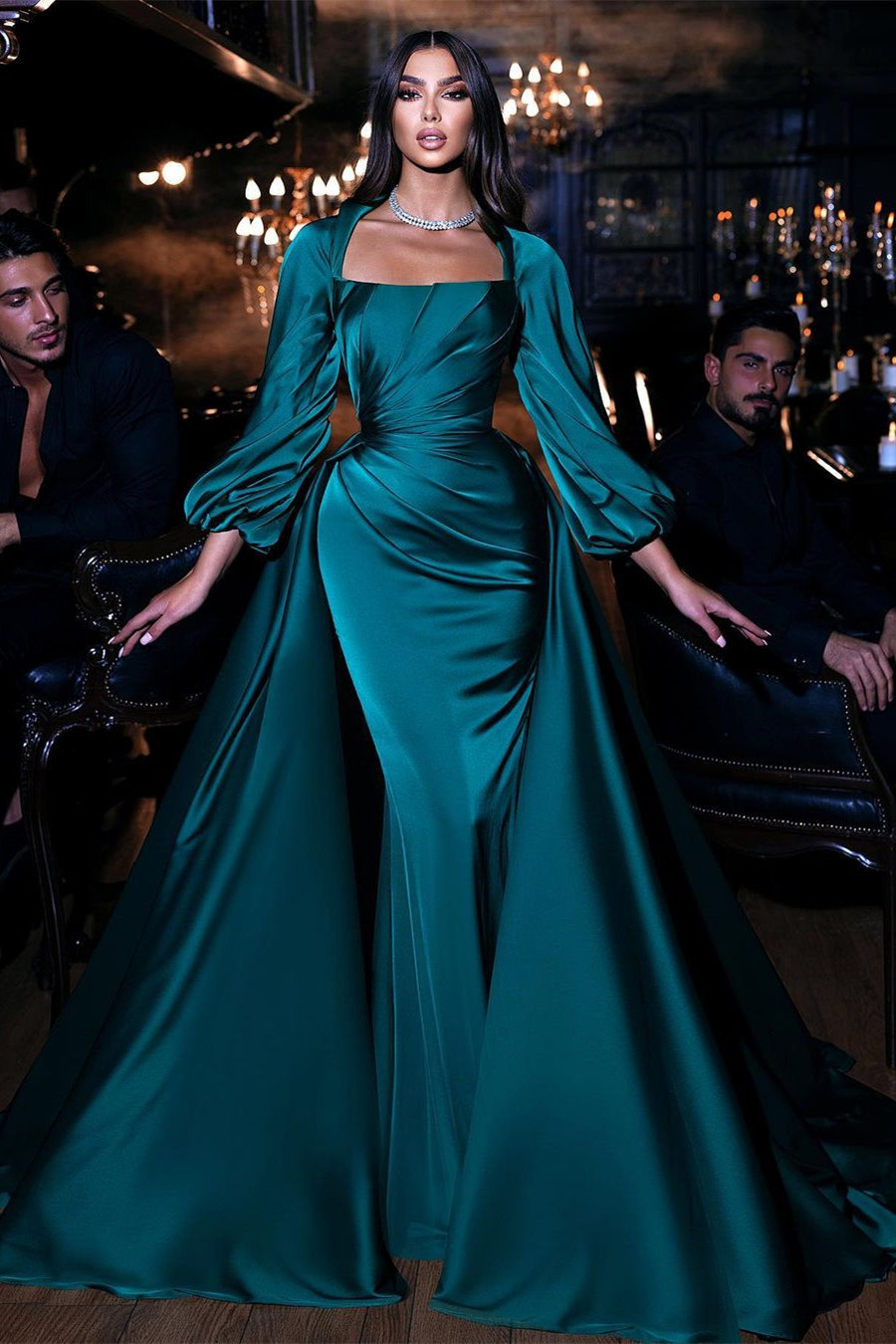 Oknass Square Emerald Long Sleeves Mermaid Prom Dress With Ruffles