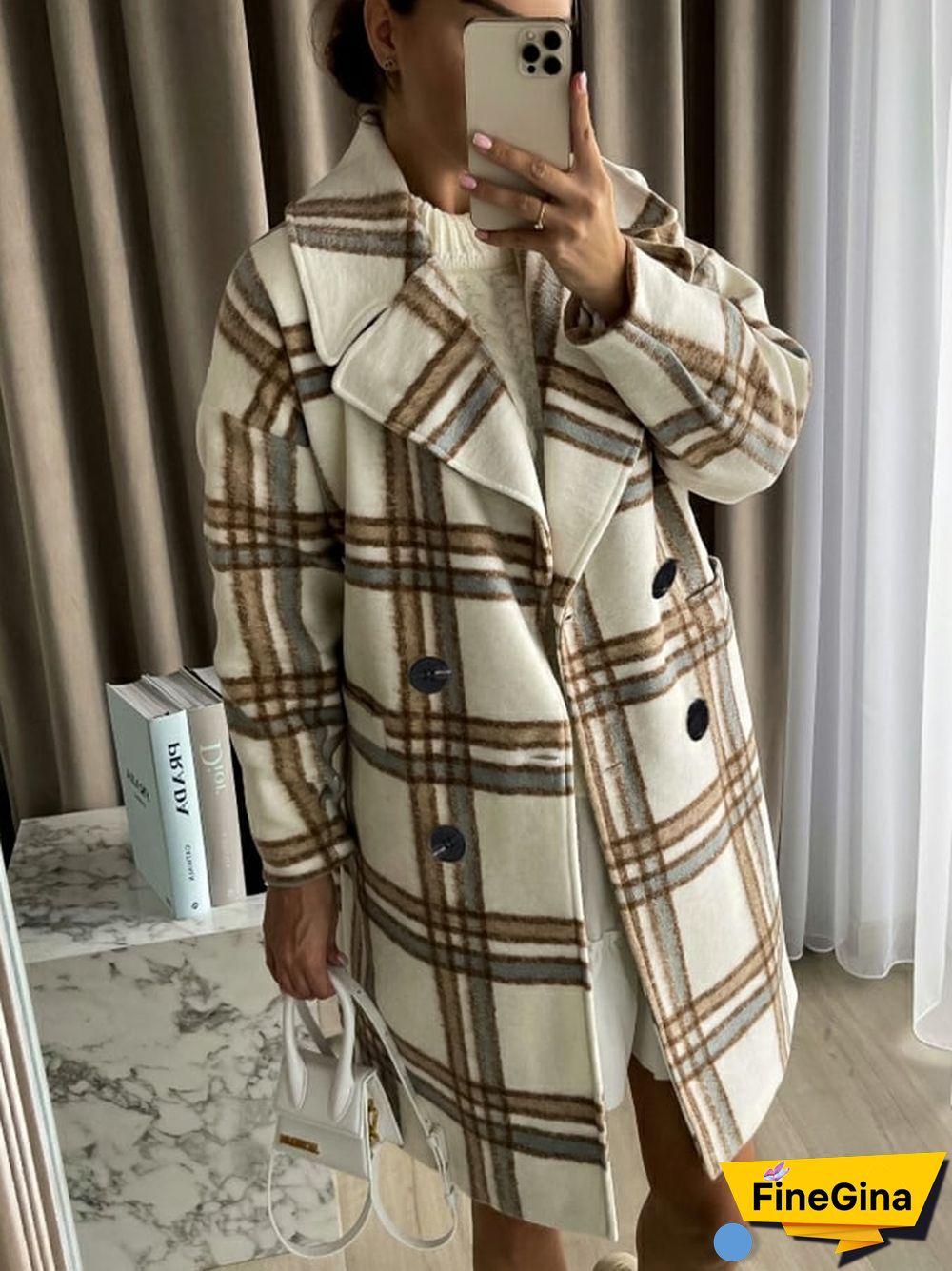 Women's Casual Fashion Plaid Printed Lapel Faux Wool Coat