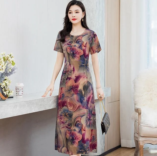 Women Summer Dress Plus Size 5XL Loose Middle-aged Mother Casual Short Sleeve Long Dress O-Neck Floral Print Cotton Dresses