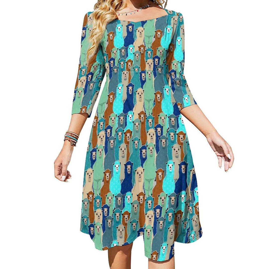 Colorful Floral Alpaca Dress Sweetheart Tie Back Flared 3/4 Sleeve Midi Dresses