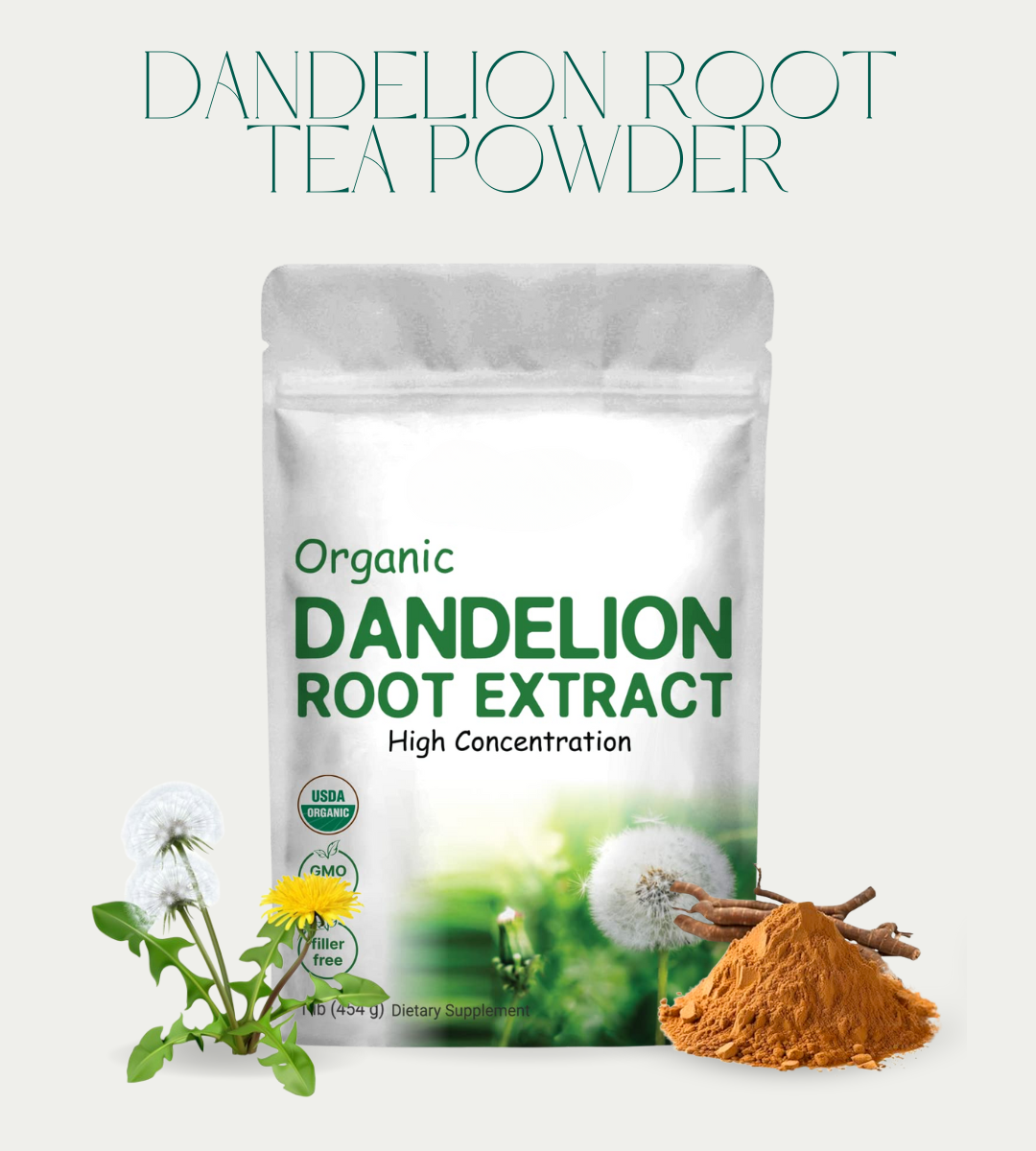 Organic Dandelion Root Tea Powder, 8oz | Pure Roasted Herbal Supplement | Supports Digestion & Immunity | Caffeine-Free, Non-GMO