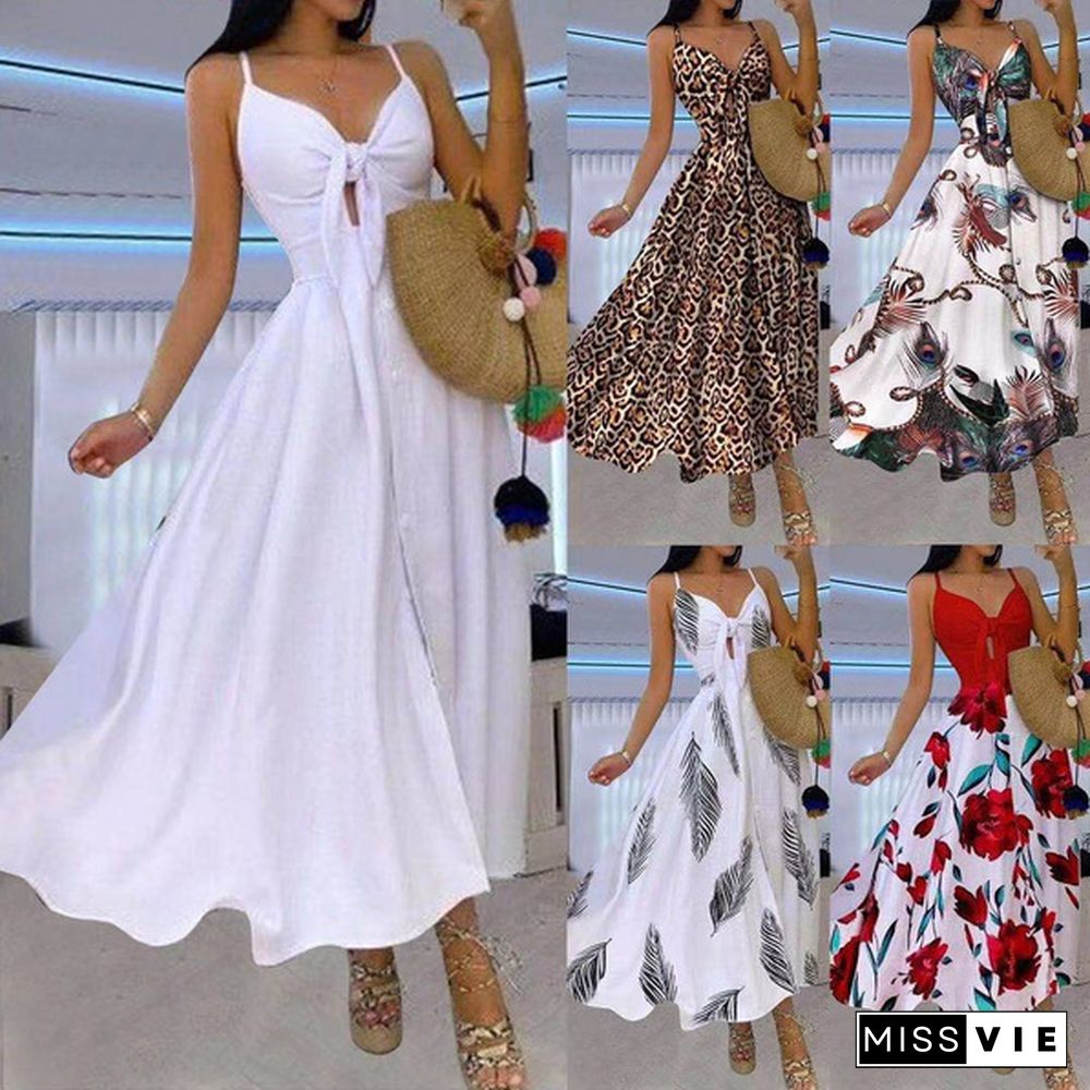 Women Fashion V-neck Tie Waist Floral Sling Dress