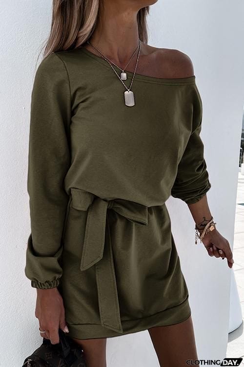 Dew Shoulder Belted Long Sleeve Mini Dress