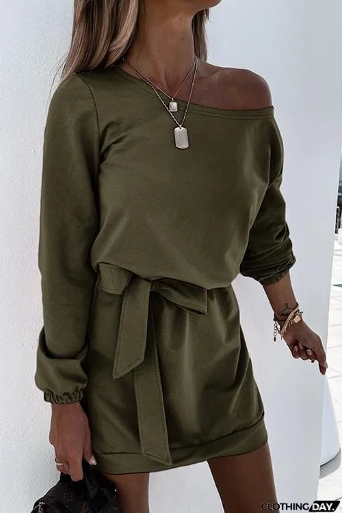 Dew Shoulder Belted Long Sleeve Mini Dress