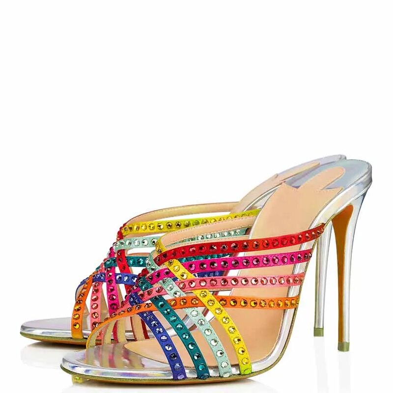 TAAFO Muticolor Rhinestone Crystal Stilettos High Thin Heels Sandals Woman Ladies Party Shoes