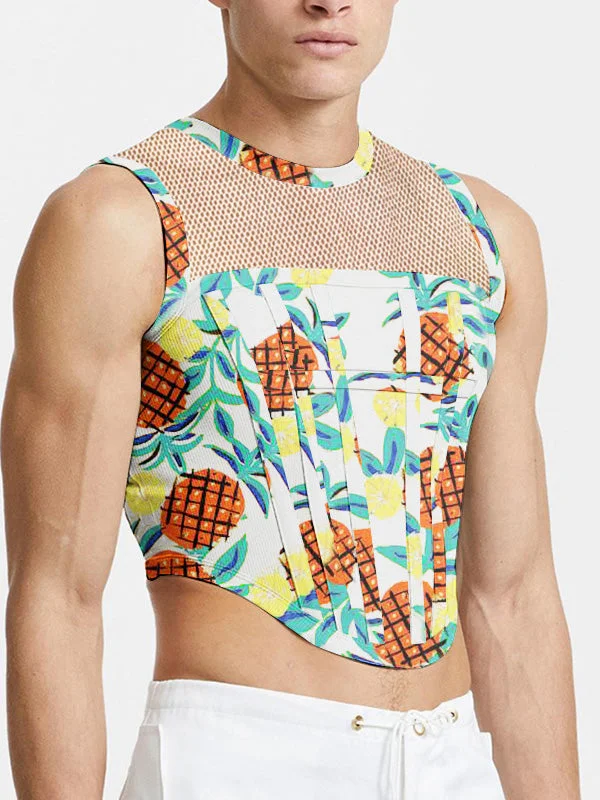 Aonga - Mens Pineapple Print Patchwork Mesh Crop Tank