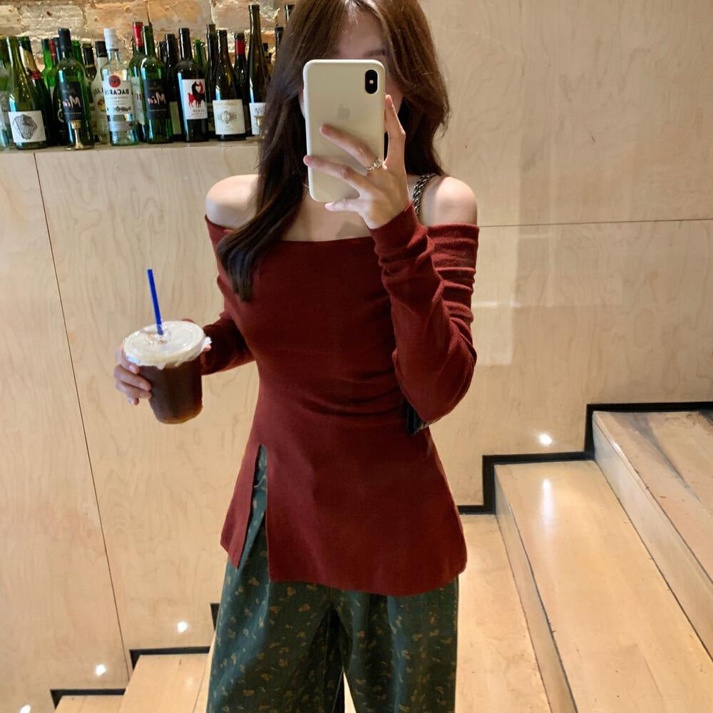 Aiertu christmas costumes women Korean Style Commuter Retro French Style Temperament off-Shoulder Split Design Sweater Women's Top aiertu