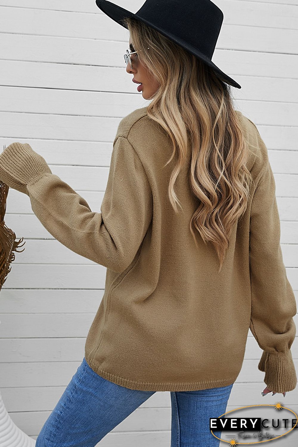 Khaki Eyelash V Neck Knitted Sweater