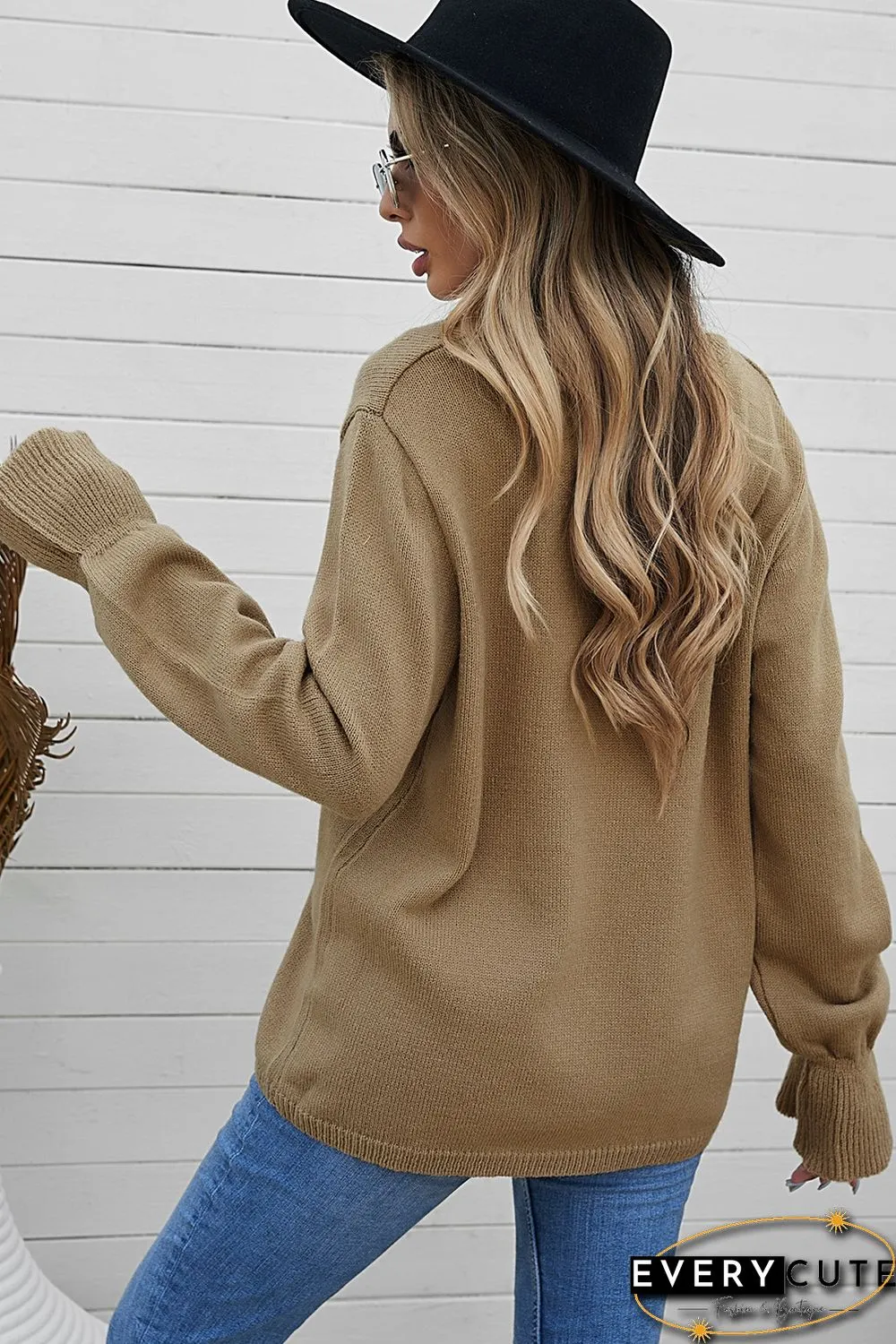 Khaki Eyelash V Neck Knitted Sweater