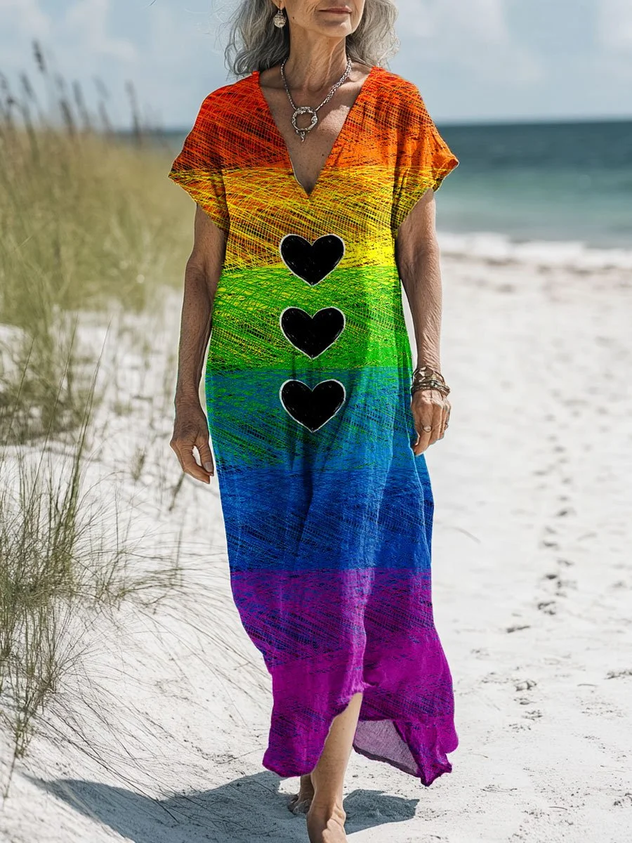 Women's Vintage Rainbow Love and Hearts Art Print Pocket Cotton Dress