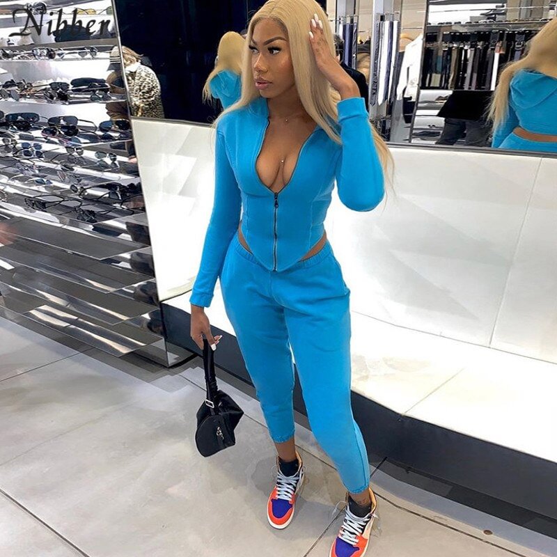 Nibber Patchwork autumn winter  Hooded sportwear pure irregular tops high waist trousers Fitness outfit woman's new jogging suit