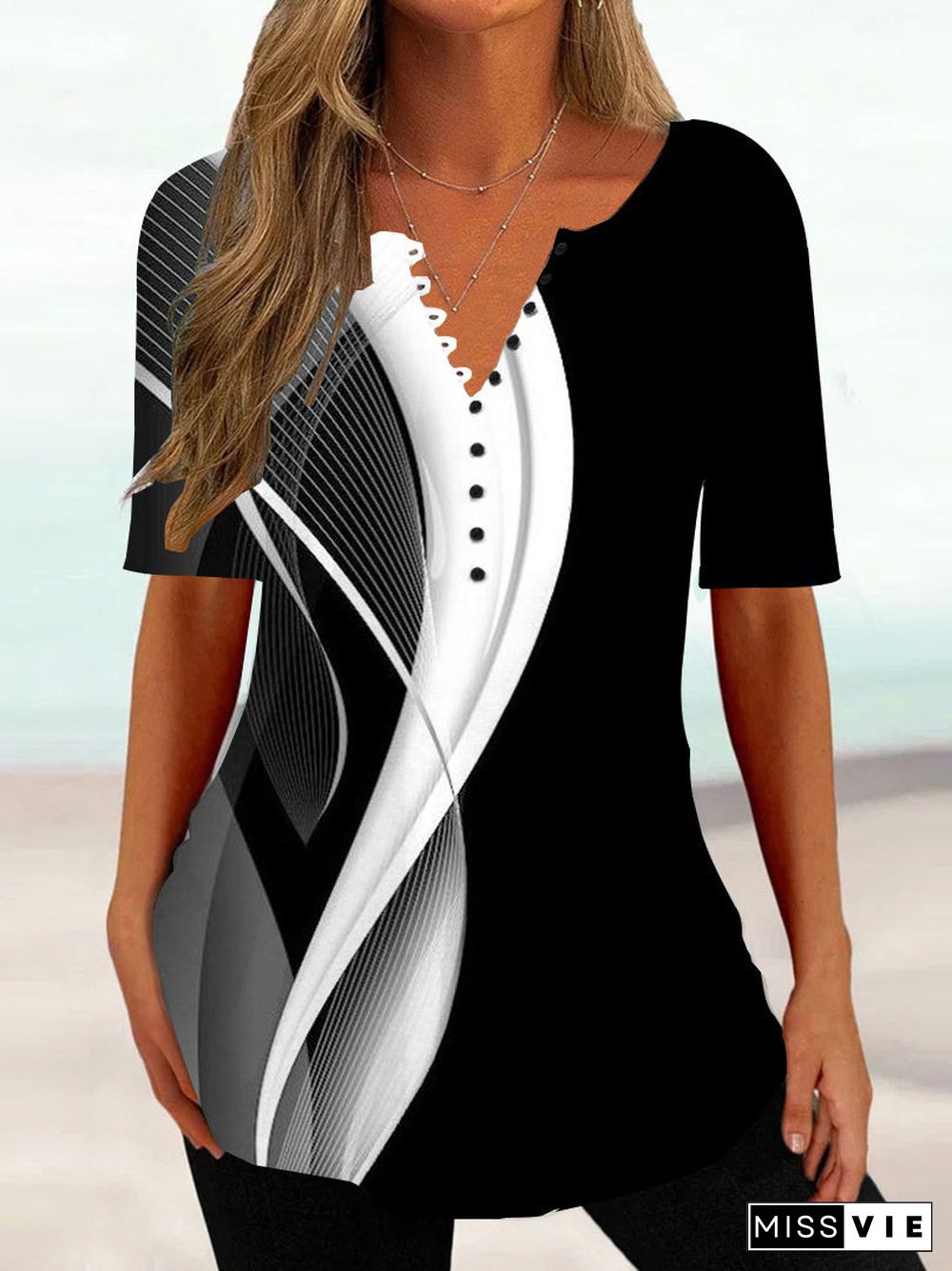 Women Half Sleeve V-neck Striped Printed Tops