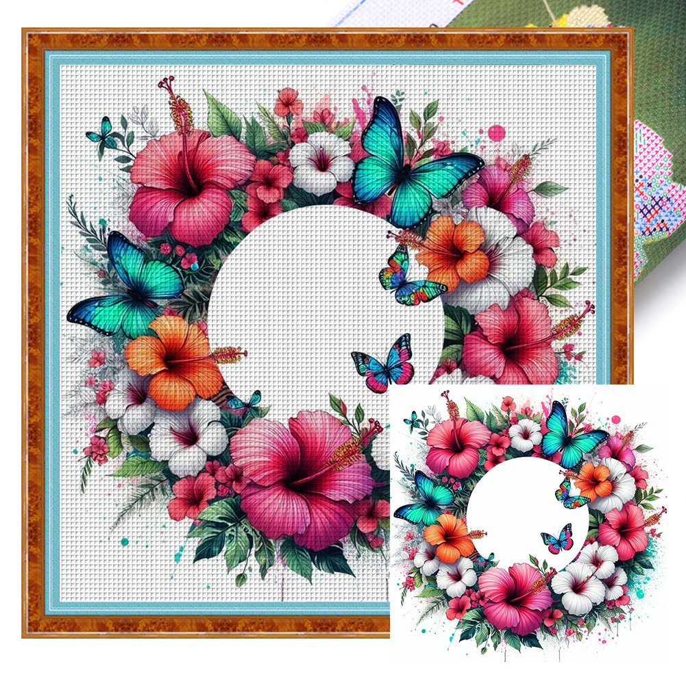Butterfly Wreath Full 18CT Pre-stamped Canvas(30*30cm) Cross Stitch