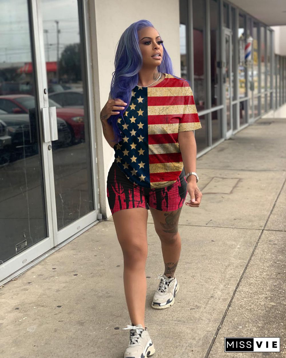 American Independence Day Flag Print Short Sleeve Two-Piece Set