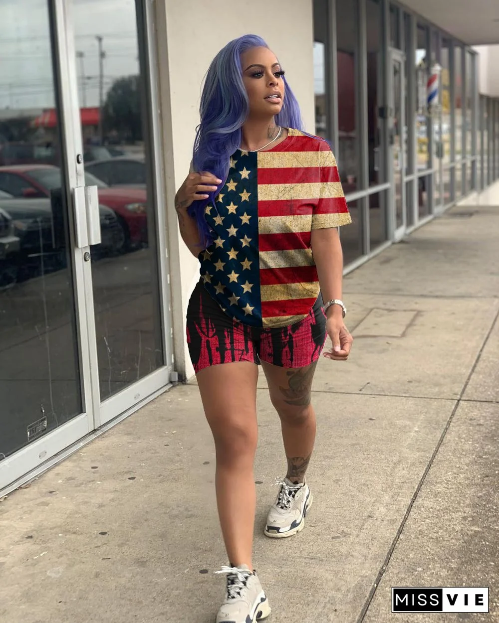 American Independence Day Flag Print Short Sleeve Two-Piece Set