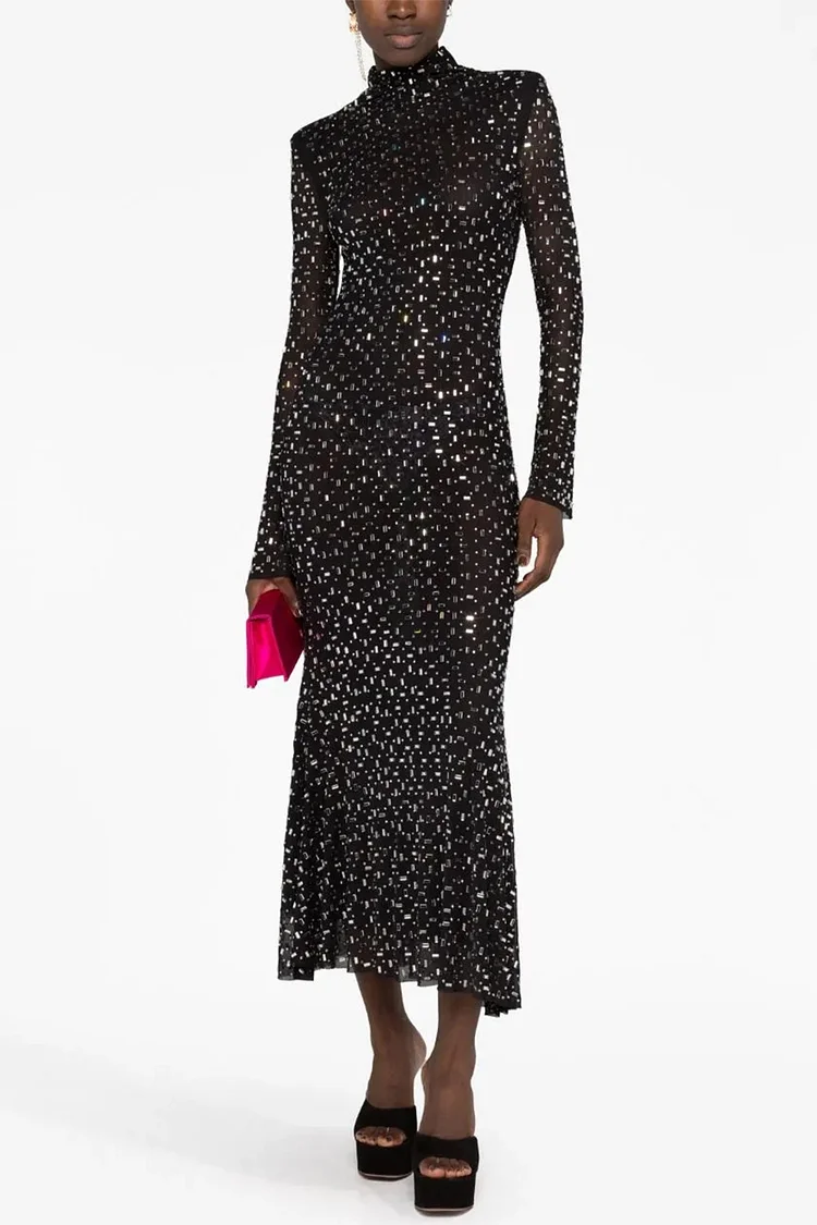 Rhinestone Mesh Mock Neck Long Sleeve Midi Dress-Black