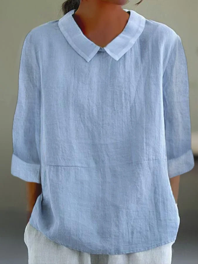 Solid Color Cotton And Linen Long-Sleeved Casual Top