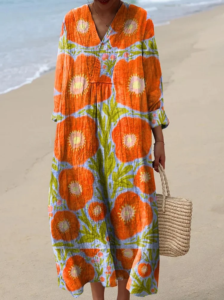 Women's Vintage Lovely Floral Art Print Flowy Dress