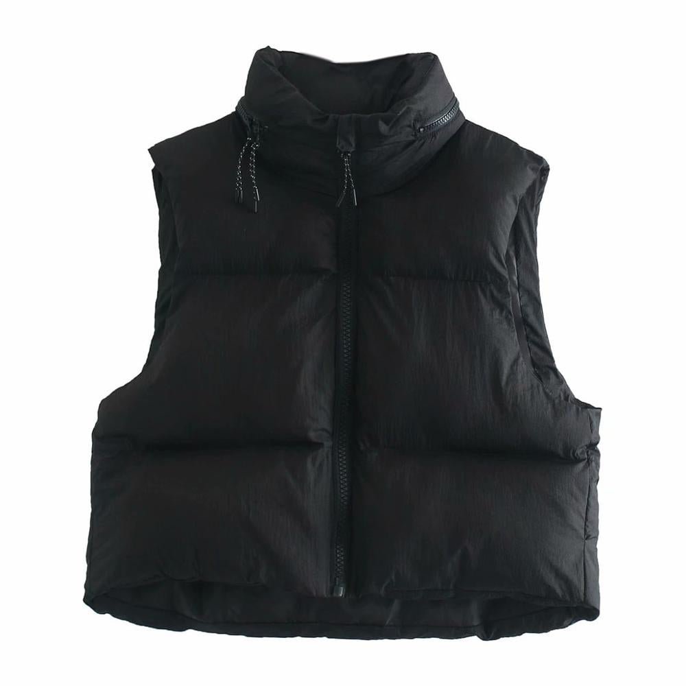 TRAF Women Fashion Hood Hidden Inside Cropped Padded Waistcoat Vintage Sleeveless Zip-up Female Outerwear Chic Tops