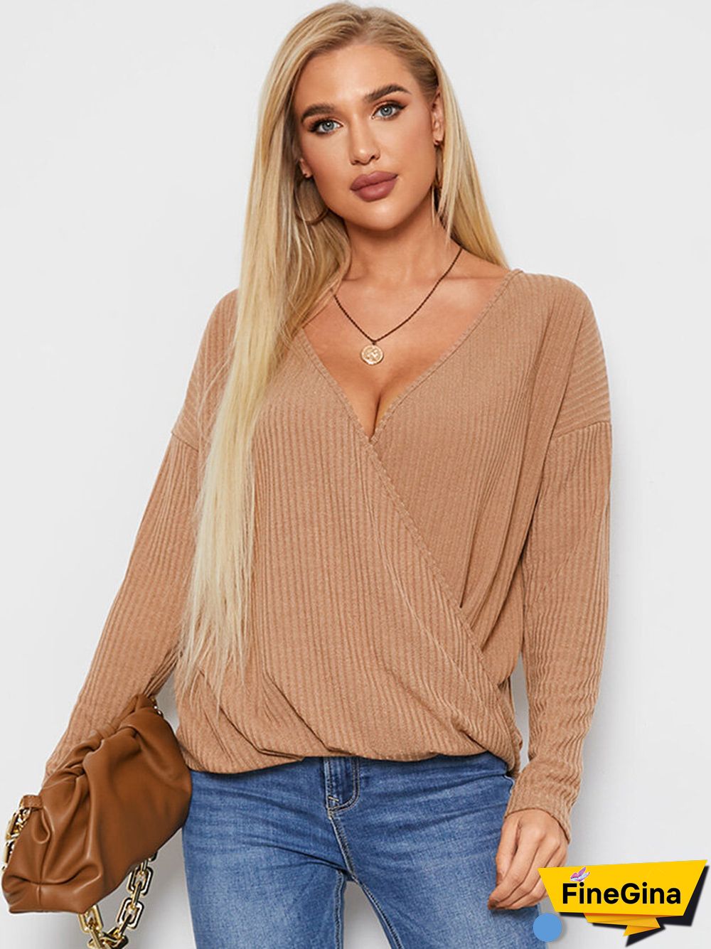 Solid Ribbed Cross Wrap V-neck Long Sleeve Loose Casual T-shirt