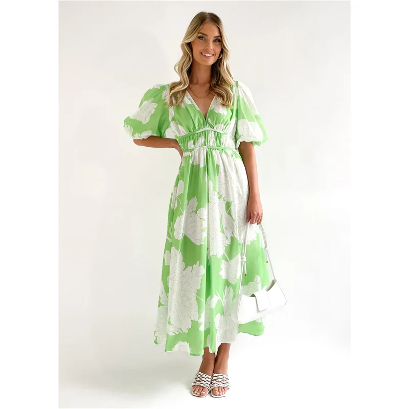 Athvotar Athvotar Summer Print V-Neck Sexy Bohemian Bubble Sleeve Holiday Beach Dress