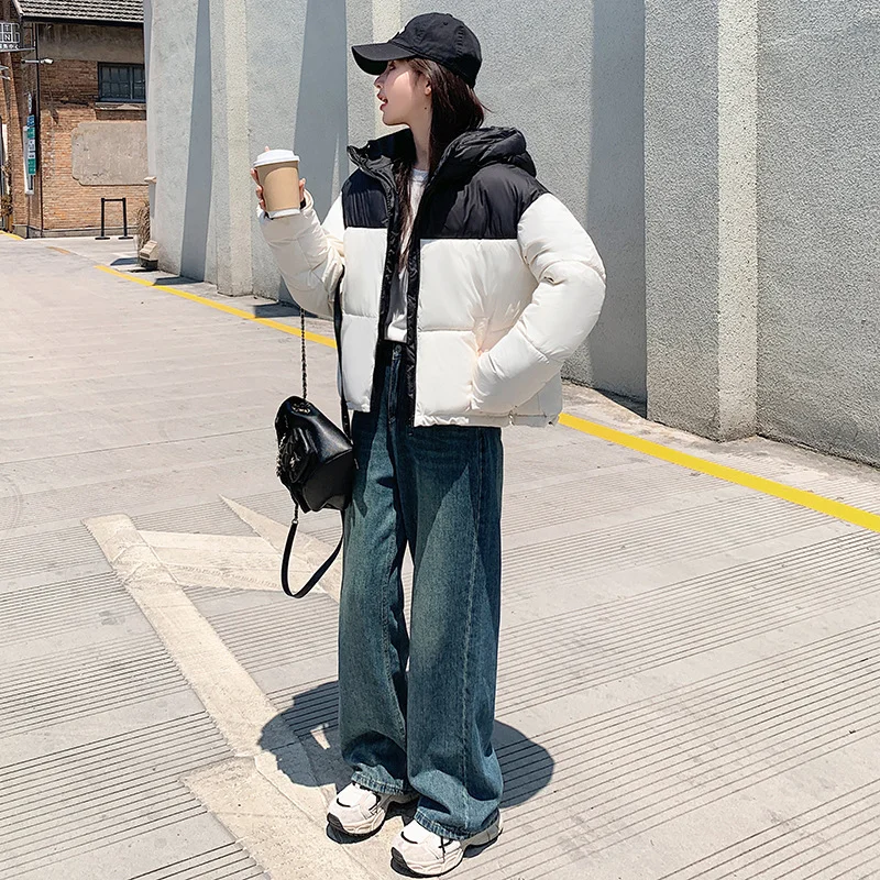 Toloer Ken Bean Wind Spell Color Hooded Padded Clothes Female Short Style 2024 Winter New Fashion Loose Small Bread Jacket-Outfit Ideas