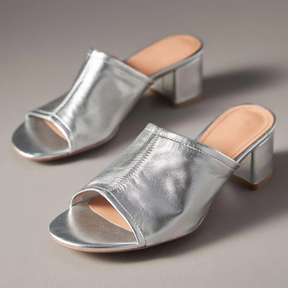 YDN Women's Open Toe Low Chunky Heel Mules Shoes in Silver
