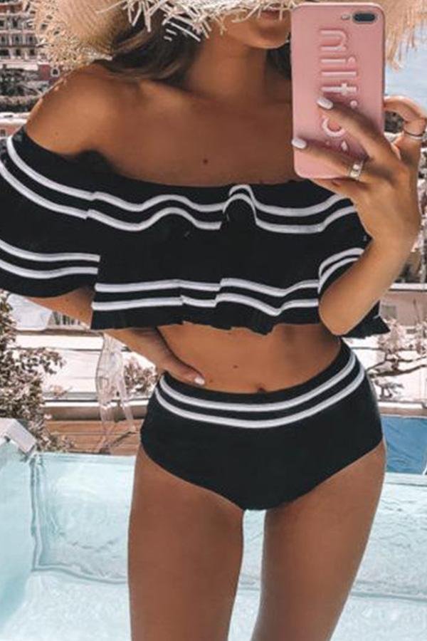 Women Ruffle Stripe Bikini Suit Two-piece Swimsuit-Allyzone-Allyzone