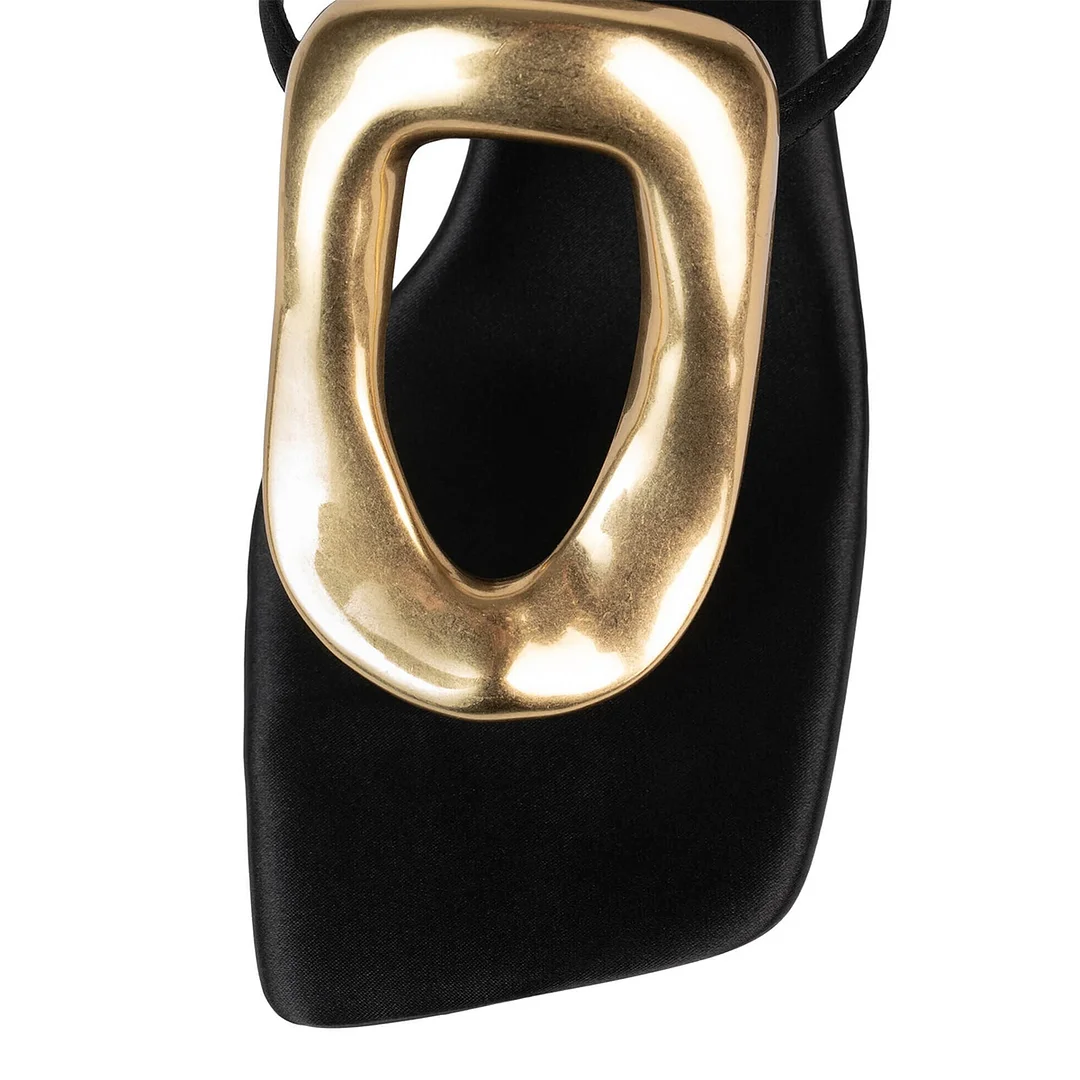 Satin Square Toe Golden Buckle Black Strappy Sandals with Wedge Heel