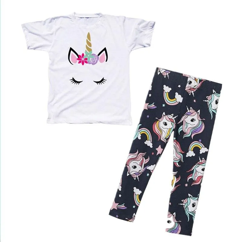 Girls Summer Clothes Set Unicorn Short Sleeve T-shirt+Pants 2PCS Outfits Kids Cartoon Print Cotton Leggings Children Clothing