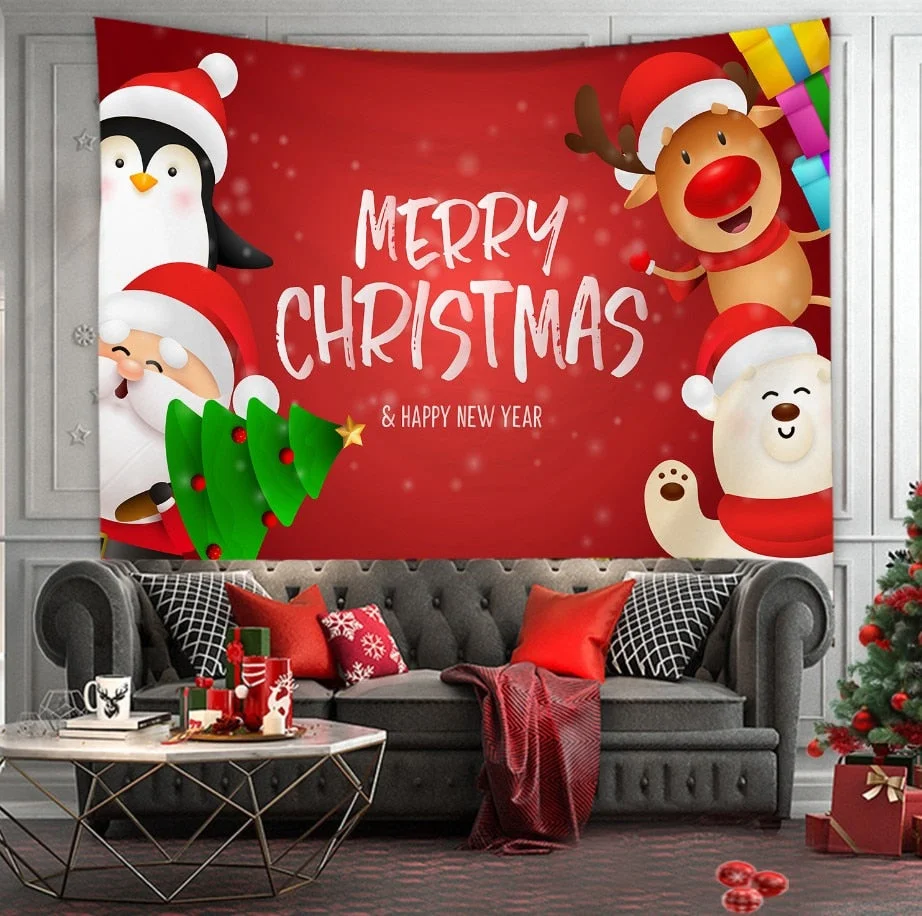 Christmas Tree Print Tapestry Wall Hanging Background Cloth Decor Red Santa Claus Polyester Tapestry Home Room Wall Decoration