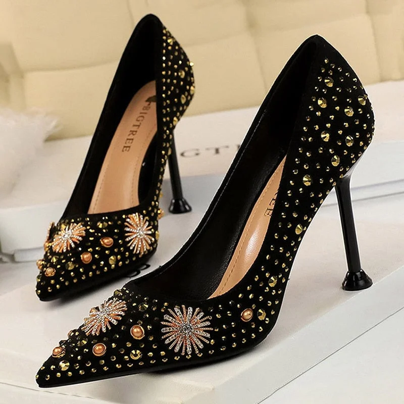 BIGTREE Shoes Rhinestone Women Pumps Sexy Party Shoes High Heels Wedding Shoes Plus Size 43 Female Stiletto Suede Women Shoes