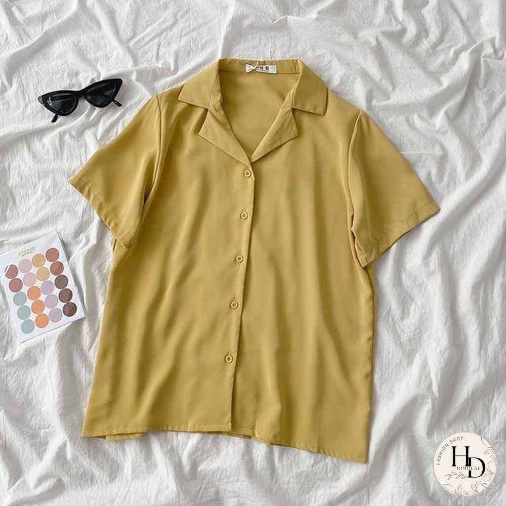 Casual Basic Short Sleeve Blouse Women V-neck Loose Office Formal Shirt Female Fashion Blue Yellow Cardigan Tops