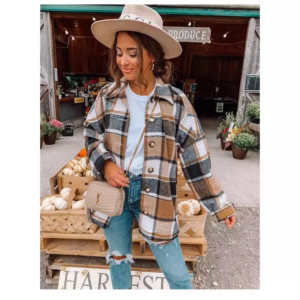 Nigikala Nigikala Net Red Autumn Street Temperament Long-Sleeved Collar Loose Women's Plaid Shirt Long Coat