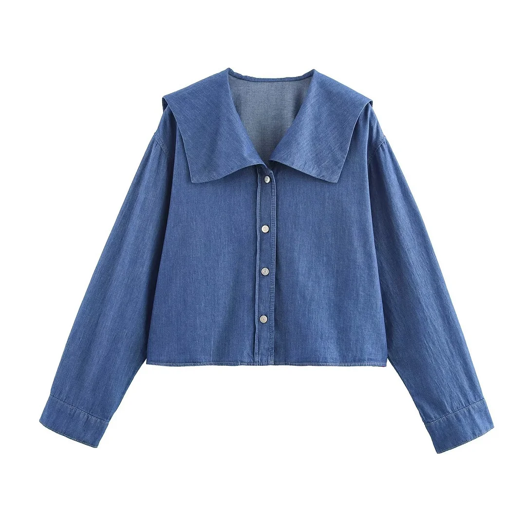 Women's 2025 Spring Denim Shirt Flat Lapel Long-sleeved Shirt
